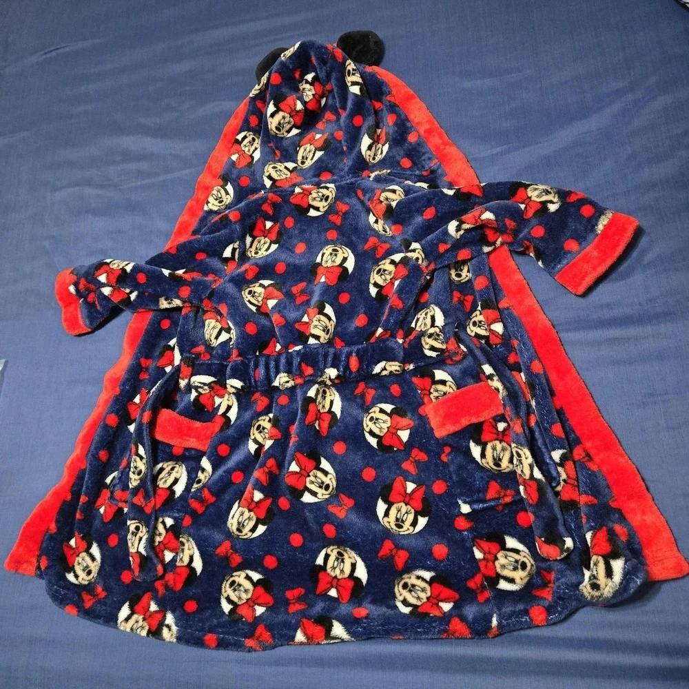 Disney Robe Girls 4 Blue Minnie Mouse Ear Fleece Hooded Belted‎ Winter Sleepwear